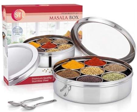 STL Masala Dabba 20cm,Authentic Indian Style Stainless Steel Masala Dabba, with 7 Removable Compartments & 2 Spoons, See through Lid