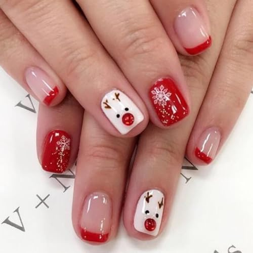 Ceboic 24 Stück Französische Press on Nails Kurz, Square Künstliche Nägel Weihnachten Schneeflocke Elch Nägel Zum Aufkleben, Rot Kunstnägel Selbstklebend Acryl Fingernägel Fake Nails für Frauen