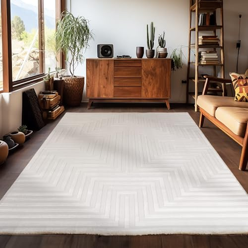 Carpetsale24 Kurzflor Teppich Wohnzimmer 200x290 cm Creme Modern Skandinavisch Boho Design Einfarbig 3D Effekt Weich Waschbar Pflegeleicht für Schlafzimmer Esszimmer