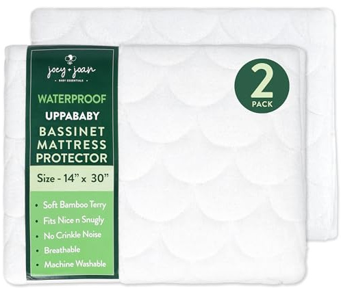 Joey + Joan Waterproof Bassinet Mattress Pad Cover Compatible with UPPABABY Stroller Bassinet – 2 Pack Quilted Mattress Protector Made from Ultra Soft Bamboo Viscose Terry – 14 x 30