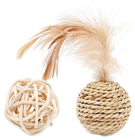 BIGULA Straw Weaving Rattan-Ball Cat Toy Built-in Bell Feather Interactive Cat Indoor Toy for Small Cats