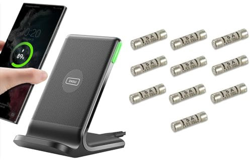 INIU Wireless Charger, 15W Fast Wireless Charging Stand Qi Certified Sleep-friendly Adaptive Light & Merriway BH02291 (10 Pcs) BS1362 Fuse Cartridge, 5 amp - Pack of 10 Pieces, white/black