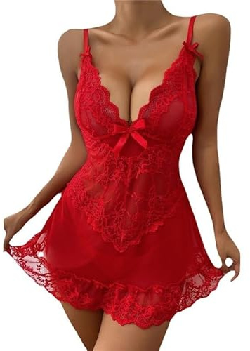 Satohom Women Sexy Nightdress Lingerie Sets with G-string Deep V Neck Lace Babydoll Mesh Sheer Chemise for Ladies Flower Sleepwear Strappy Pajamas Bridal Nightwear Free Size Multiple Colour Red