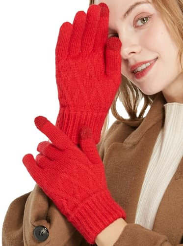 QICEDER Winterhandschuhe für Damen Touchscreen Handschuhe Strick Fingerhandschuhe Sport Warm und Winddicht Winterhandschuhe (Rot)