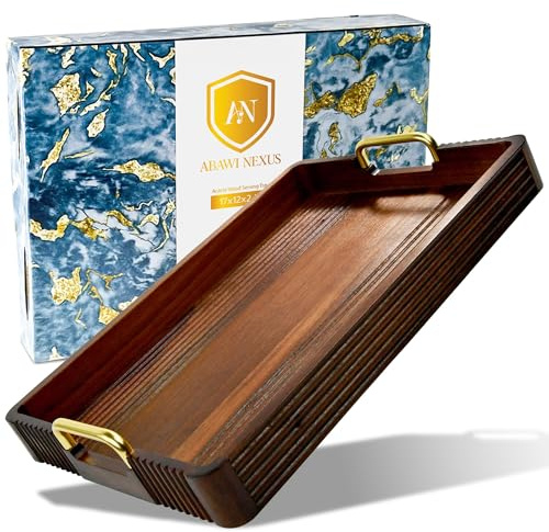Acacia Wood Serving Tray with Metal Handles, 17x13in, Decorative Coffee Table Tray & Ottoman Tray, Anti-Slip Pads, Dark Wood Tray for Breakfast in Bed, Bar Tray, Gift Box