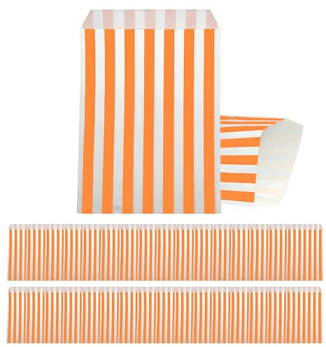 Lot de 100 Petit Sachet en Papier pour Bonbons, 16x13cm Sacs Rayures Orange, Sac Cadeau Anniversaire Enfant, Pochettes Emballer Cadeaux, Mariage, Fête