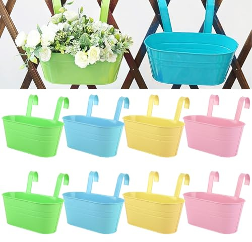 APACALI 8 Stück Hängender Blumentopf, 27 cm, Balkon-Pflanzgefäße für Geländer, Überzaun-Pflanzgefäße mit abnehmbaren Haken, hängende Pflanzgefäße für den Außenbereich, hängende Blumentöpfe für Zaun,