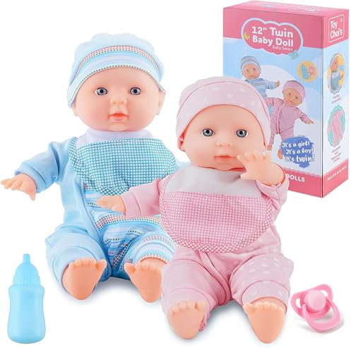 YCFUN 32cm Twin Puppe Set - Blaue und Rosa Baby Puppen mit Strampler, Hut, Schnuller und Puppenlätzchen, Babypuppe Weichkörper Spielzeug für Kleinkinder und Kinder
