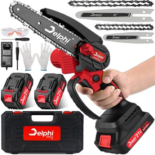 DELPHI Mini Kettensäge Mit Akku 4 und 6 Zoll Handsäge mit Bürstenloser Motor - 2x 21V 1500mAh Akkus Elektrosäge Für Holz Mini Kettensäge für Gartenscheren Holzschneiden Astschere