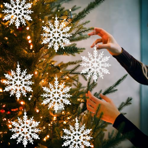 Hanging Christmas Decorations, 24PCS Glitter Snowflake Ornaments for Xmas Tree, 4in White Snowflake Decorations