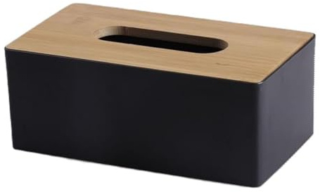 Taschentuchbox mit Bambusholzdeckel, rechteckige Taschentuchspenderbox, Kunststoff-Tücherbox für Badezimmer, Auto, Büro, 21,5 x 12 x 8,5 cm (schwarz)