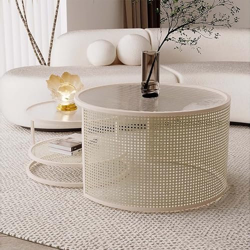 Couchtisch Satztische für Wohnzimmer Weiß/Schwarz Runder Couchtisch Glas 2er-Set Moderner Couchtisch mit offenen Regalen Boho-Couchtisch Geflochtene Designs Stabile Metallbeine für Wohnzimmer B