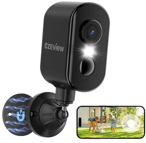 CZEview 2K Überwachungskamera Aussen Akku, Magnetische Montage,Bewegungserkennung,WLAN Kabellose Überwachungskamera außen/innen,2.4G,2-Wege Audio,Farbige Nachtsicht,IP65 Wasserdicht (Ganz schwarz)