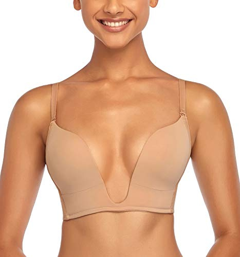 DotVol Multiposición Push Up Sujetador con Escote Profundo Deep V sin Relleno para Vestido(90B,Beige)