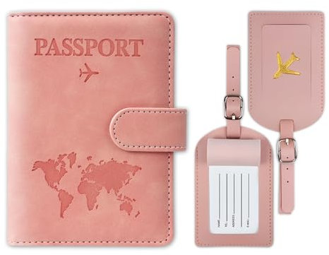 YUNPYCHY Reisepasshülle, Reisepass Organizer, Passport Cover, PU-Leder Reisepasshülle + 2PCS Kofferanhänger, für Damen und Herren Urlaub Zubehör Travel Essentials (Pink)