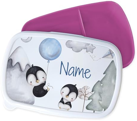 GRAZDesign Fiambrera infantil personalizada con nombre, diseño de pingüinos azul y rosa, incluye divisor, fiambrera para la escuela y la guardería