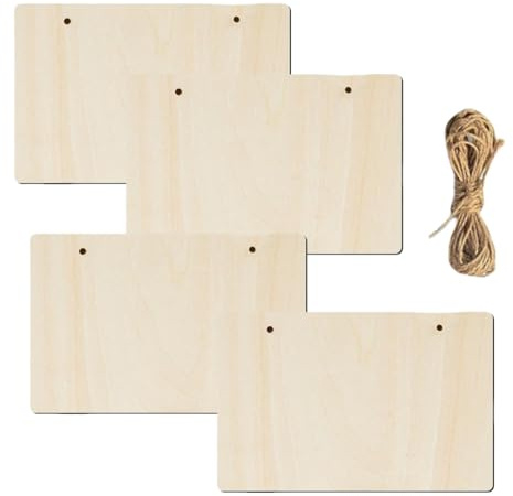 HSTWODE 4/12Stück Blank Holzschild, Mit Juteseil, 23.5cm×15cm Hängende Dekorative Holztafel Dekorative Holzbretter zum Aufhängen DIY Brandmalerei Malen Schreiben (Holzkachel 4)