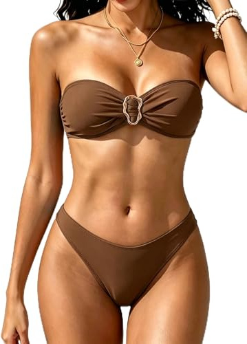 Tainehs Women's Strapless Bikini Sets Tube Top Bandeau Swimsuit Tie Back Mid Rise Two Piece Bathing Suits