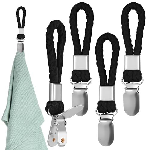 Giantree 4 clip per asciugamani da appendere, gancio per asciugamani, senza gancio per asciugamani, clip per asciugamani, con passanti, porta strofinacci per cucina, bagno, balcone (nero)