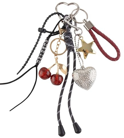 Georgie Porgy Taschenanhänger Schlüsselanhänger Handtaschen Zubehör für Damen Bag Charm Schultasche Rucksack Sporttasche Cute Keychain Geschenke für Mädchen (Kirsche Herz Cherish)