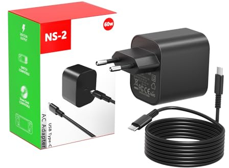 60W USB-C Ladegerät für Switch 2, PD 3.0 Schnellladegerät, inkl. 1,5m 20V/3A Ladekabel, 4K TV Modus geeignet, kompatibel mit Switch OLED/Lite, PS5 und Steam Deck