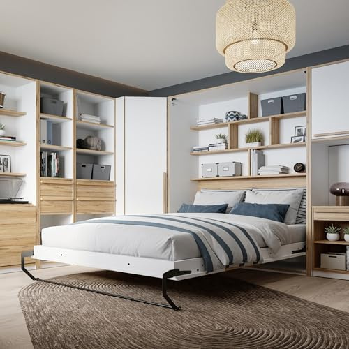 Forte SMARTROOM Multifunktionsbett 160 x 180, modernes Schrankbett mit Regal, Schlafzimmer, Apartment, Holzwerkstoff, Catania Eiche Holzwerkstoff|Weiß, 177,4 cm breit x 215 cm hoch x 57,4 cm tief
