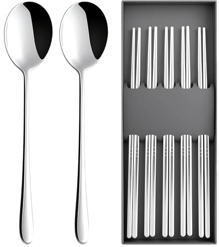 5 pares de palillos chinos con 2 cucharas de acero inoxidable, palillos de sushi japoneses, juego de regalo, metal coreano para alimentos, palillos reutilizables de acero inoxidable 304, para el hogar