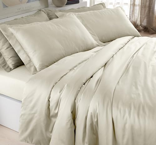 Mahome Completo Copripiumino Matrimoniale Raso di Cotone 100% 300 fili (TC) – Sacco 250x200+40 cm, Sotto con angoli 180x200x30 cm, 2 federe con volant – Made in Italy – Panna