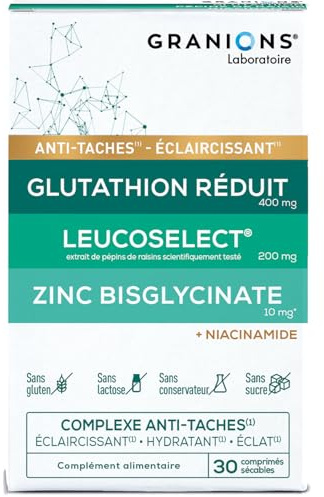 GRANIONS Trio Anti-Macchia 30 Compresse | Glutatione Ridotto 400 mg + LeucoSelect® 200 mg + Zinco Bisglicinato 10 mg | Vitamina C, Selenio, Niacinamide | Studio Clinico | 1 Mese