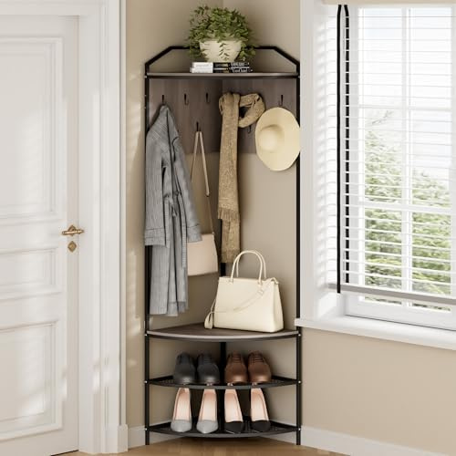 Garderobenständer Ecke,Metall Eckgarderobe,Freistehender Kleiderständer mit 4 Ebenen 10 Haken,Schuhregal mit Sitzfläche,für Kleidung Hut Tasche,Flur Eingang Wohnzimmer Schlafzimmer Büro (Hellgrau)