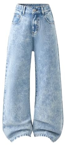 Jean baggy pour adolescentes et filles - Jambe large - Pantalon en jean mignon taille haute tendance vintage Y2K Hip Hop Streetwear taille élastique jambe droite
