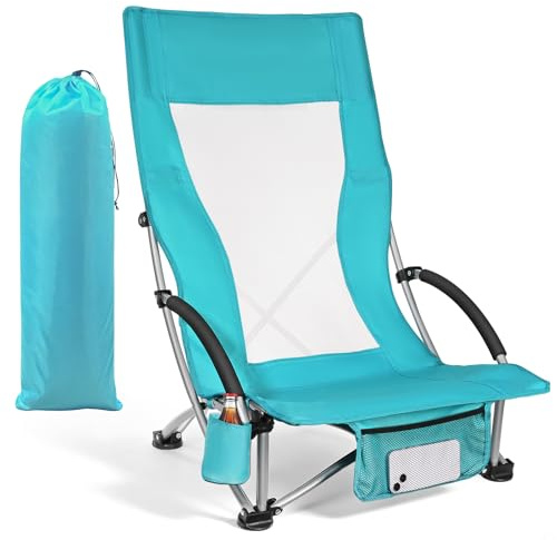 WildFun Folding Beach Chair, Low Lightweight Portable Camping & Fishing Chair with High Backrest, Cupholder, Supports 100KG for Travel, Outdoor, BBQ, Picnic, Festival (1PCS, High Backrest)