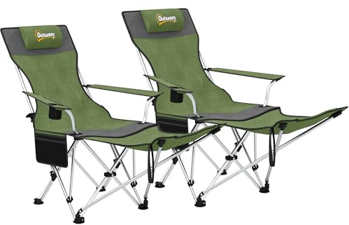 Outsunny Set 2 Sedie da Campeggio Pieghevoli con Poggiapiedi Staccabile, Portabicchieri e Tasca Laterale, Sedie da Giardino in Tessuto Oxford e Metallo, Portata Fino a 120 kg, 125x48x90 cm, Verde