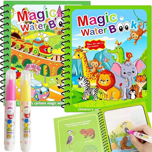 2 Stück Water Book Wassermalbuch für Kinder mit 2 Wasserstiften, Water Wow Malbuch Magic Water Colouring Book mit Wasserstift, Magic Wiederverwendbares Aqua Doodle Malbuch Geschenke