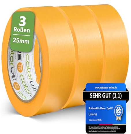Colorus Maler-Goldband Soft Tape 3er Set 25 mm x 50 m für scharfe Kanten | Goldband-Klebeband zum sauberen Abkleben beim Streichen und Lackieren auf glatten und leicht strukturierten Untergründen