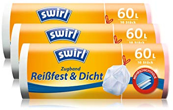 Swirl Zugband-Müllbeutel, 60 Liter, 3 Rollen mit je 10 Beuteln, Weiß