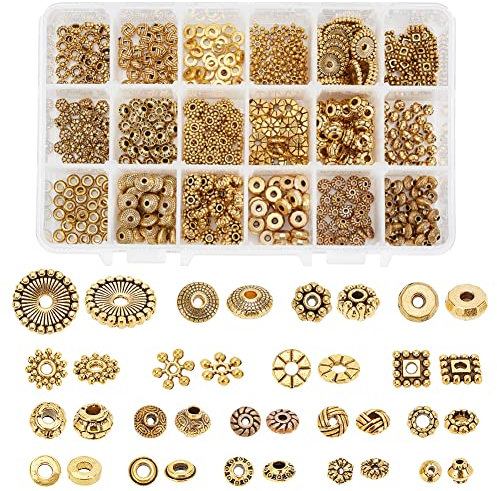 PH PandaHall 1 Box 540 Stück 18 Stile Legierung Perlen Abstandshalter Tibetische Metallperlen für Schmuck Zubehör Komponenten für Armband Halskette Schmuck DIY Antik Gold