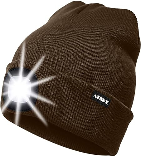 ATNKE LED Beleuchtete Mütze,Wiederaufladbare USB Laufmütze mit Licht Extrem Heller 4 LED Lampe Winter Warme Stirnlampe für Herren und Damen Geschenke