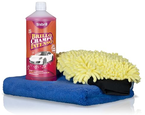 Sisbrill Kit Lavado Exterior Básico – Kit Limpieza Coche con Champú Brillo Intenso, Guante de Cordero y Toalla de Secado Ultrasuave