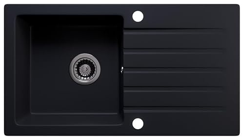 LINDBERGH® Küchen Granit-Spüle Schwarz MEG44 mit Siphon, Verbundstoffe Made in Germany, Spülen Küche Matt Küchenspüle Spülbecken Kitchen Waschbecken Sinks Einbauspüle, inkl. Imprägnierung