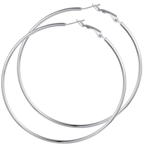 GoldChic Boucle d'Oreille Femme Créole Acier Inoxydable 70mm, Grandes Créoles Femme Couleur Argent, Statement Hoops