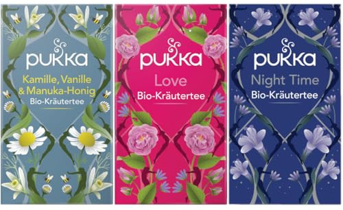 Pukka - Bio-Kräutertee Entspannung & Gelassenheit - Tee Mix - 60 Teebeutel (20 x Kamille, Vanille & Manuka-Honig, 20 x Love, 20 x Night Time)
