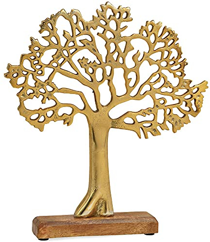 matches21 Baum Aufsteller Dekoration aus Metall Holzsockel Skulptur Dekofigur Gold braun Deko 1 STK 30x33x5 cm