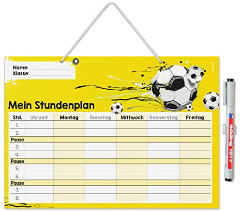 younikat Stundenplan abwischbar zum Aufhängen Fußball Gelb - DIN A4 - dv985 | Wiederbeschreibbar, Digitaldruck, Whiteboard-Oberfläche, mit Aufhängung, zum Schulanfang, Einschulung, inkl. Stift
