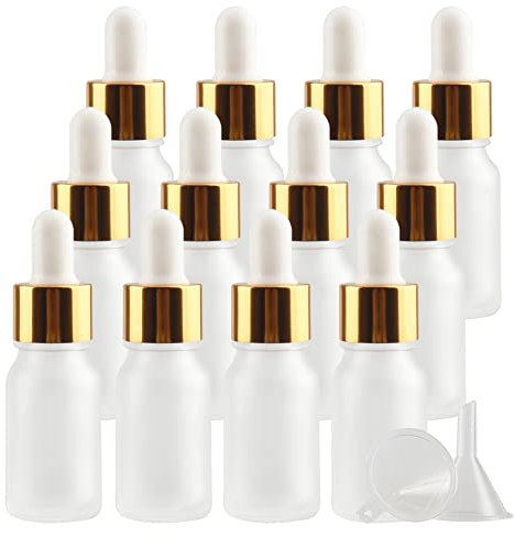 ZEOABSY 24 Stück 10 ml Gefrostet Klarglas Pipettenflasche mit Gold Pipettenring, Leere Glasflasche Glastropfer Glaspipette Tropfflaschen für Ätherische Öle Aromatherapie + 1x Trichter