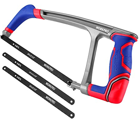 WORKPRO 12-inch Hacksaw with Extra 2 Bi-Metal Saw Blades, Heavy Duty Adjustable 45/90 Angle Saw for Metal, Wood, PVC Pipes
