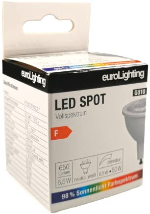euroLighting LED Spotlight GU10 4000 K, 6.5 W Neutral White 650 lm with Sunlight Spectrum/Full Spectrum, 3 Step Dimmable (ON = 100% / 1X = 40% / 2X = 15% / 3X = 100%)