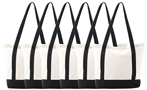 MEIANJU Tote Bag, 16.5x14x5in, Heavy Duty Canvas, Zippered, 6pcs Set, Black & White, Unisex, Reusable, 15-20L, Ideal for Shopping, Work, Travel, Sports