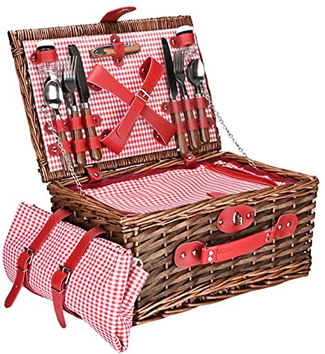 AADECOR Weiden-Picknickkorb-Set für 4 Personen - Großer Weidenkorb mit großem isoliertem Kühlfach, Wasserdichtes Decken- und Besteck-Service-Kit - Picknickkorb für Camping, Outdoor und Picknick