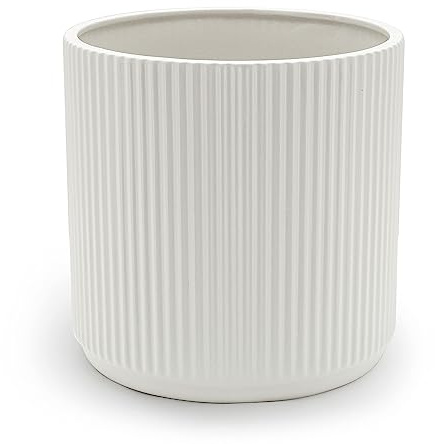 Amazon Basics Fluted Ceramic Round Planter with Drainage Hole, Indoor Outdoor Flower Pot, 10-inch, White